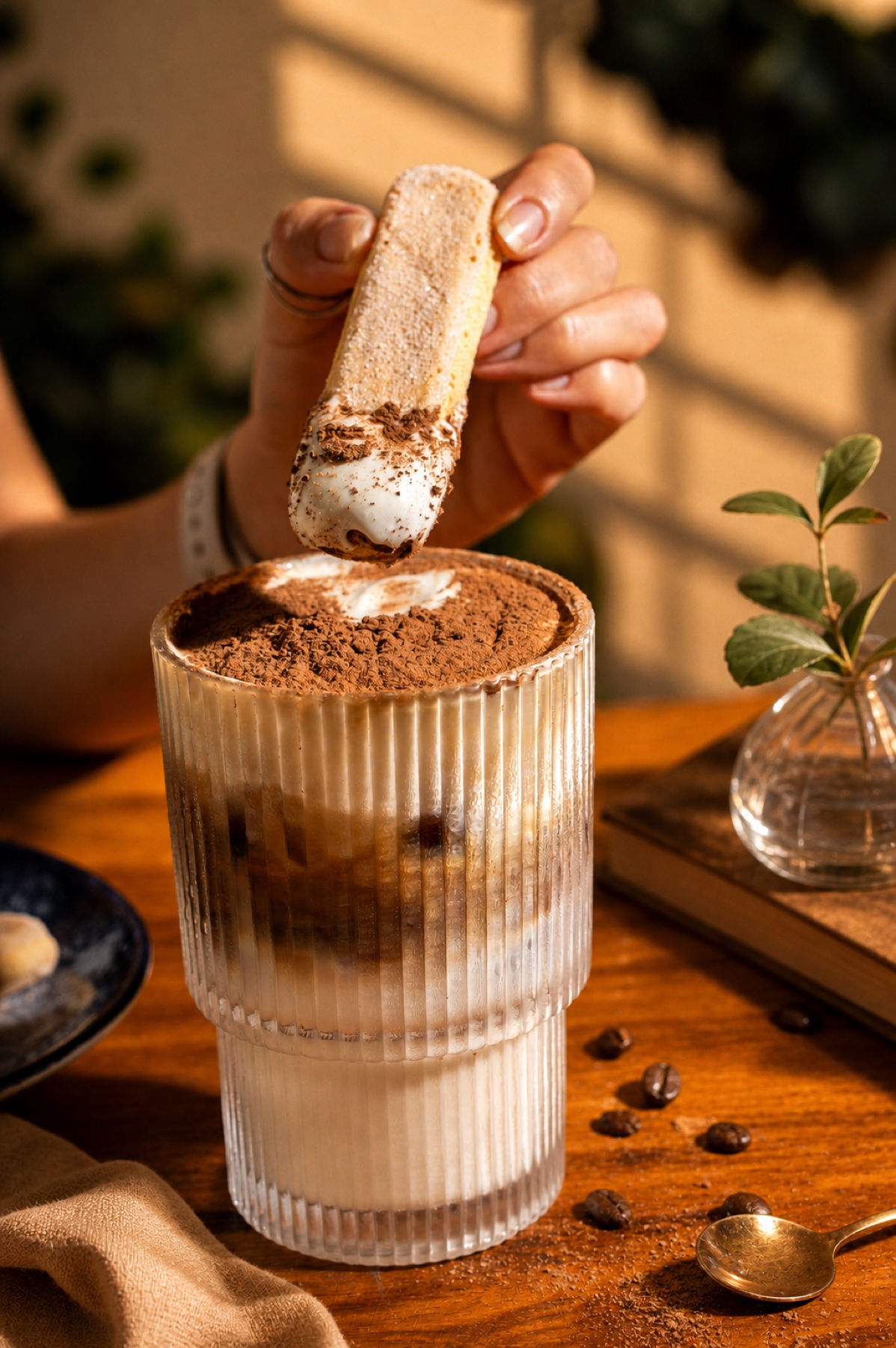 Bebida fría de café y crema acompañada de un postre